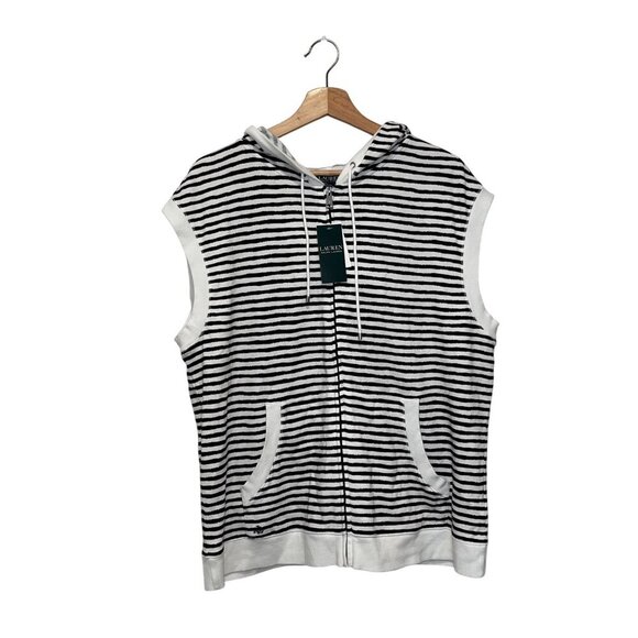 NWT Lauren Ralph Lauren Black & White Sleeveless Striped Zip Pockets Women's Hoo - Picture 1 of 11